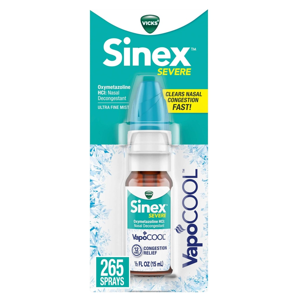 Vicks Sinex SEVERE Spray nazal cu VapoCOOL, Soothing Vicks Vapors, Decongestant Medicina, Ajutor de la Stuffy Nase din cauza frigului sau alergiei, Congestia nazala, Sinus Relief de presiune, 265 Spray-uri