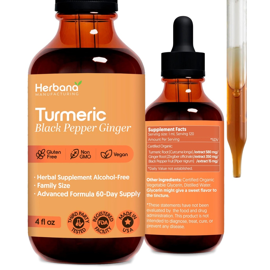 Extract lichid de 3 in-1 turmeric - Curcumin & ghimbir, piper negru - Supliment vegetal natural - Tinctură de rapel imun și cerebral (2 FL OZ)