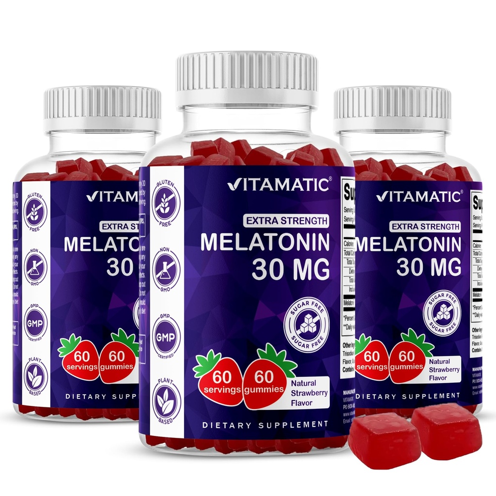 Melatonină fără zahăr vidamatic 30mg per gumă - 60 Serviri - 60 Gume vegetariene - Supliment de formare non-habită (60 Conte (Pachet de 3)