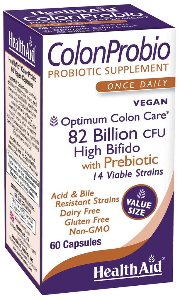 HealthAid ColonProbio 82 Miliarde cu Prebiotic, 14 Strains, Once Daily, 60ct, Optimum Colon Care, Acid & Bile Resistant, Dairy Free, Gluten Free, Non-GMO, High Bifido