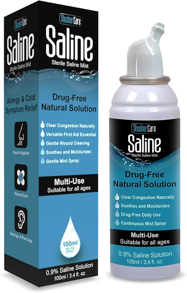 Spray salin pentru nas - soluţie salină de pulverizare nazală pentru nou-născuţi, copii şi adulţi, Mist de apă sărată pentru nas Stuffy, călătorie prietenos, natural, 0,9% salină - 100 ml (3,4 fl oz)