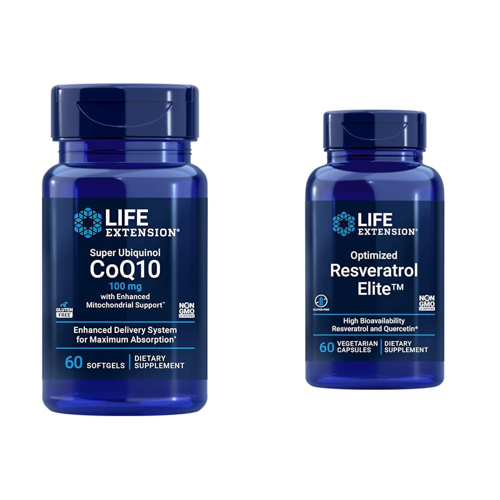 Extensie de viaţă Super Ubichinol CoQ10 60 Softgels şi Optimizat Resveratrol Elite 60 Capsule vegetariene Bundle
