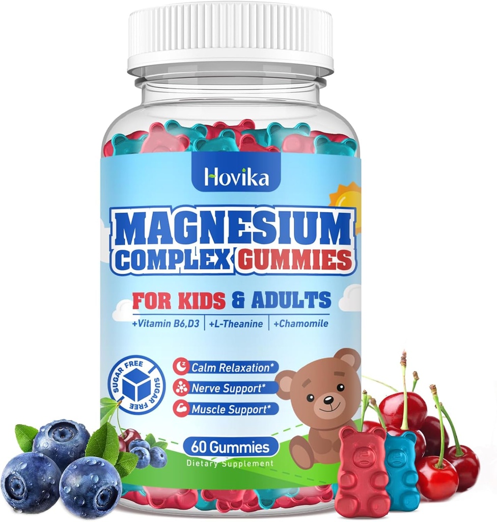 Copii Gume de magneziu - Magneziu Glycinate Citrate Suplimentul masticabil cu vitamina B6, D3, Floare de pasiune, L-teanină - Zahar fără calm Magneziu pentru copii și adulți Somn, Mood, Relaxare, 60 Chews