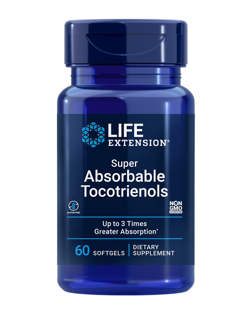 Extensie de viață Tocotrienol super absorbante, vitamina E ca D-Alpha tocoferol, tocoferoli mixte, suport de creștere a părului, funcția creierului, gluten-liber, non-GMO, 60 softgels