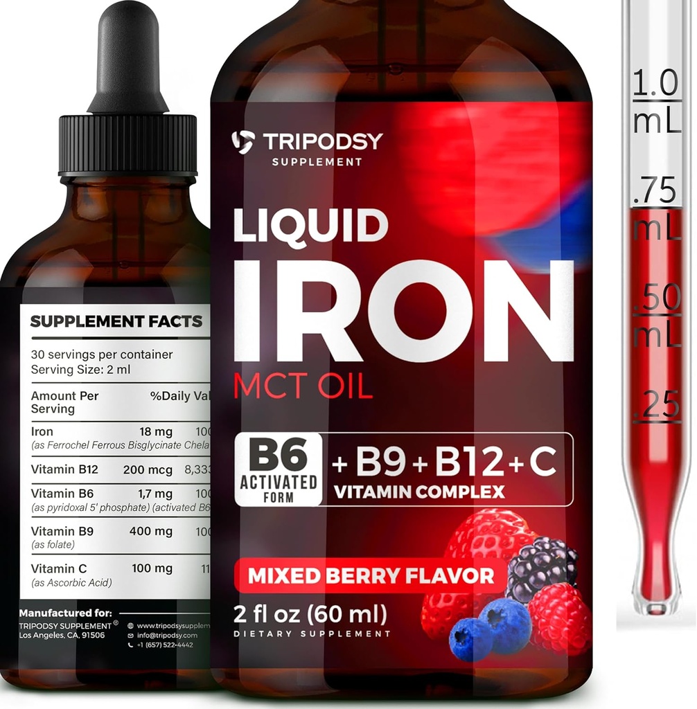 Supliment de fier lichid pentru femei si barbati - picaturi de fier cu B6, B9, B12, Vitamina C pentru anemie, Blood Builder, Folate pentru celule rosii si suport imunitar Ulei MCT (2 Fl Oz, mixt Berry)