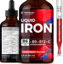 Supliment de fier lichid pentru femei si barbati - picaturi de fier cu B6, B9, B12, Vitamina C pentru anemie, Blood Builder, Folate pentru celule rosii si suport imunitar Ulei MCT (2 Fl Oz, mixt Berry)
