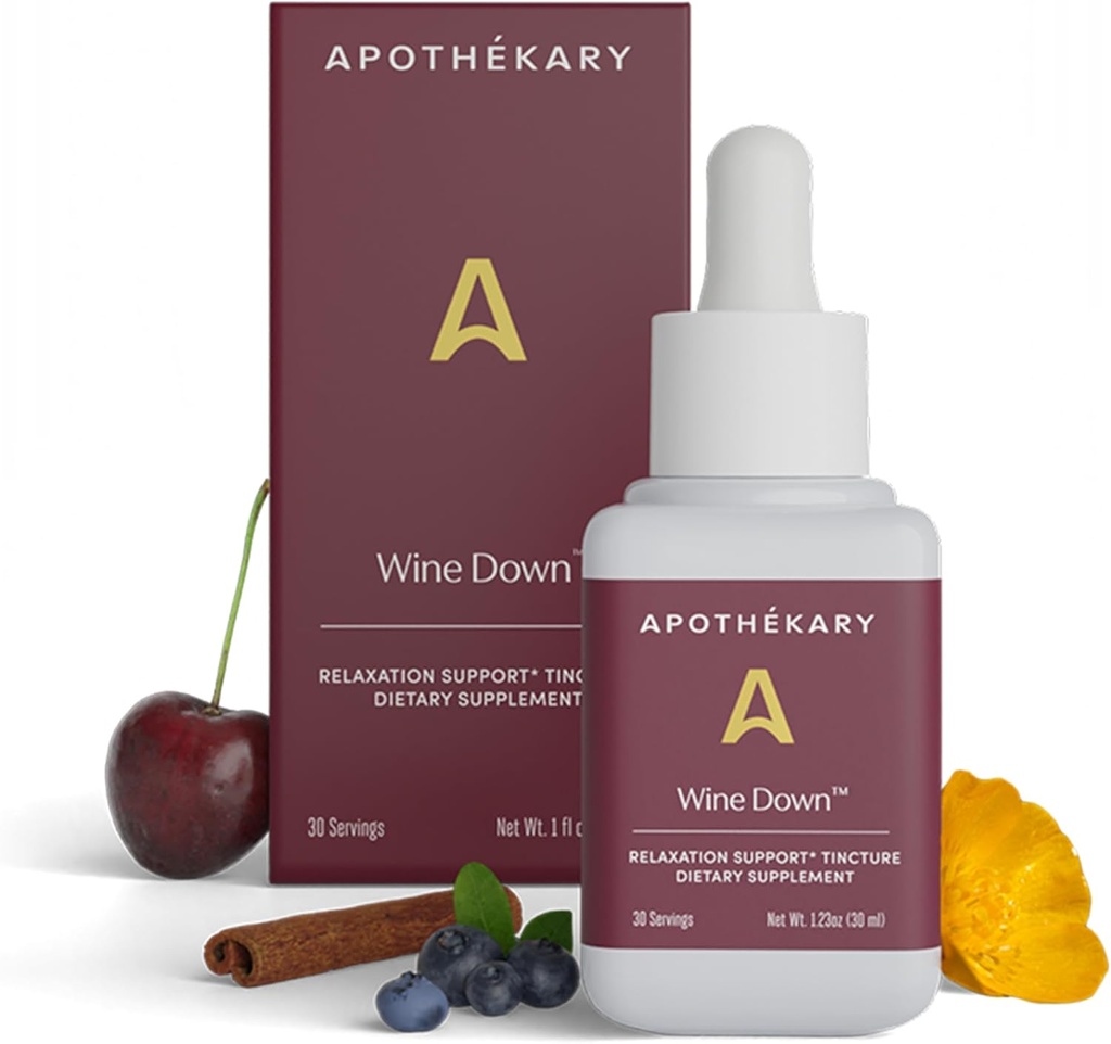 Apothekary Wine Down, Natural Sleep and Relaxation Support, Alcool-Liquid Picături de vin-Inspirat Herbal, Constă din Blue Vervain, Tart Cherry, și California Poppy, 1 oz, 30 Servings