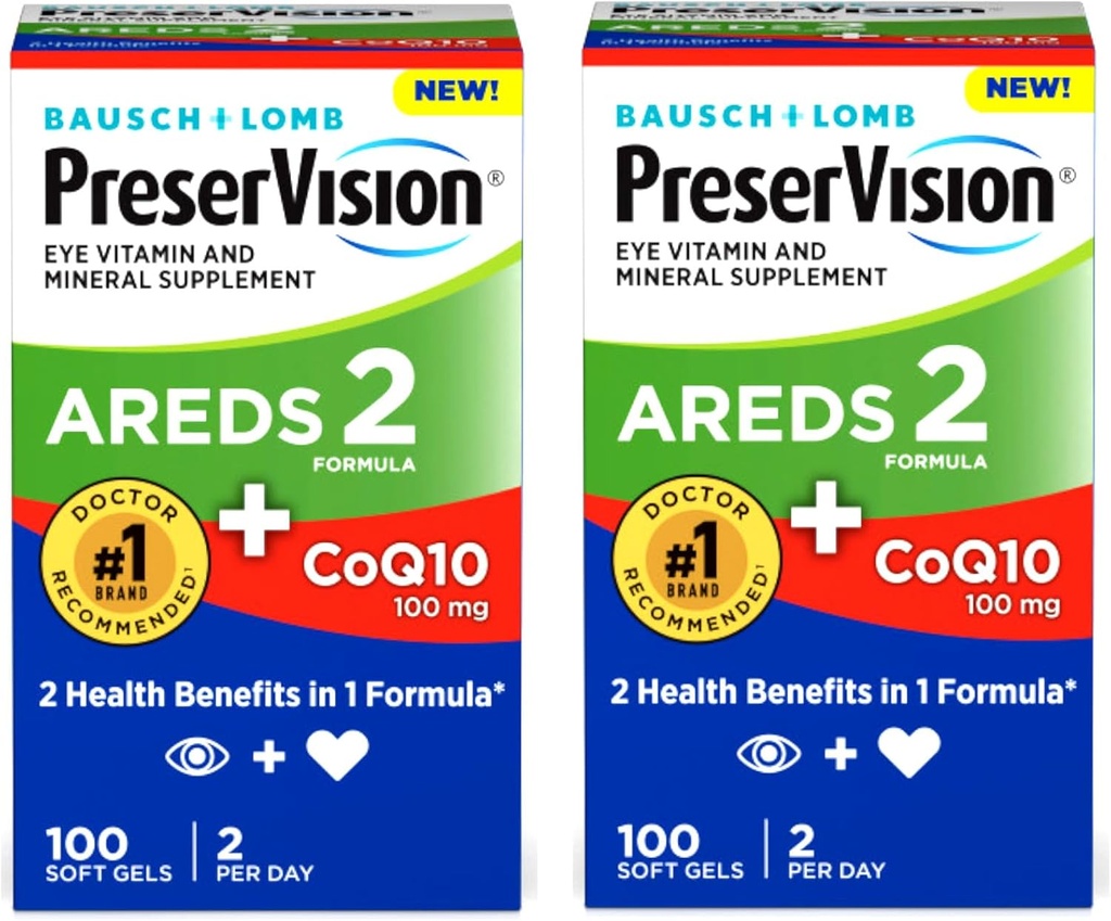 PreserVision Eye Vitamina si Suplimentul mineral AREDS 2 Formula + CoQ10, 2 in-1 Beneficii de sănătate, 100 Softgels (2 pe zi) Pachet de 2