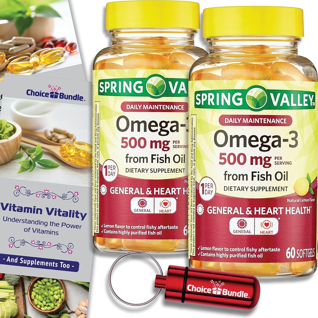 Alegerea Bundle Spring Valley pește ulei Omega 3 acid gras supliment Lemon Softgels 500 mg 60 Ct 2 pk (120 Total) + Vitamina Ghid și Pilula Container (4 elemente)!