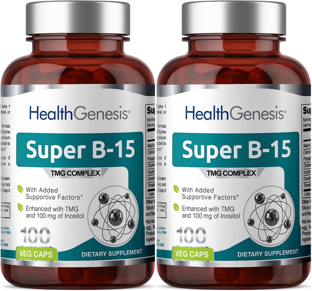 Super B-15 100 Vcaps 2 ambalaj - Niacina colină de calciu Inositol DMG TMG - Sprijină niveluri sănătoase de oxigen de energie