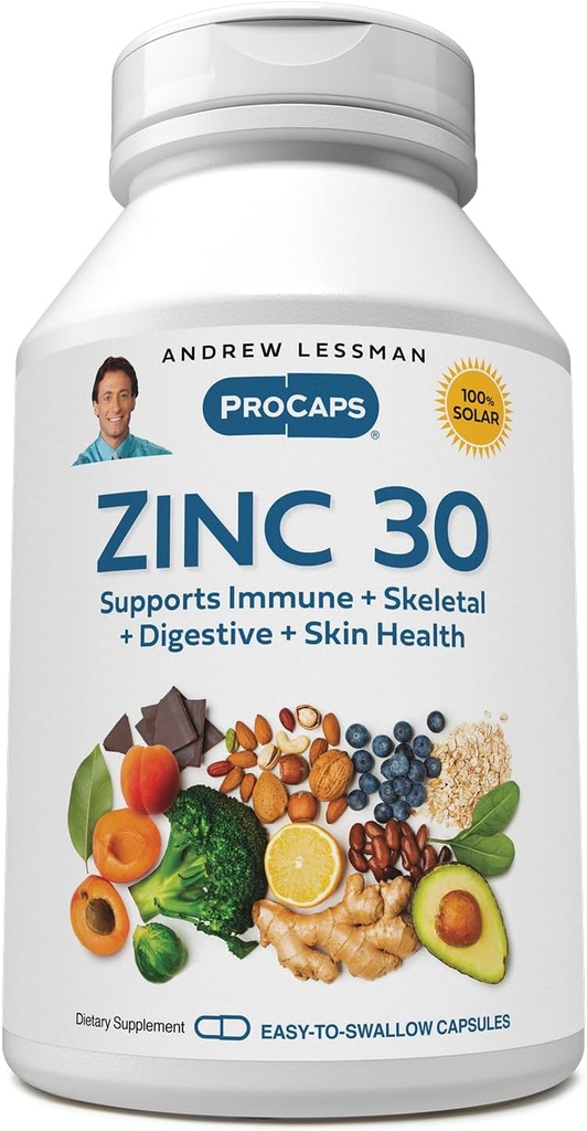 ANDREW LESSMAN Zinc 30mg - 360 capsule - Citrat de zinc foarte absorbabil. Sprijină Imune, Skeletal, Digestive și Skin Health. Capsule mici uşor de înghiţit. Fără aditivi