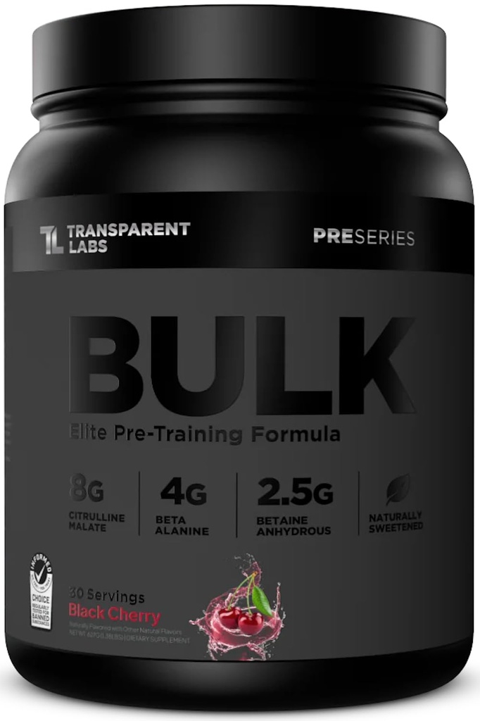 Labs Transparent Bulk Black Pre Antrenament - Doze clinice, Sugar Free Preworkout pentru bărbați și femei cu Beta Alanine Powder, Citrulline Malate, & Cafeina - 30 Serviri, Black Cherry