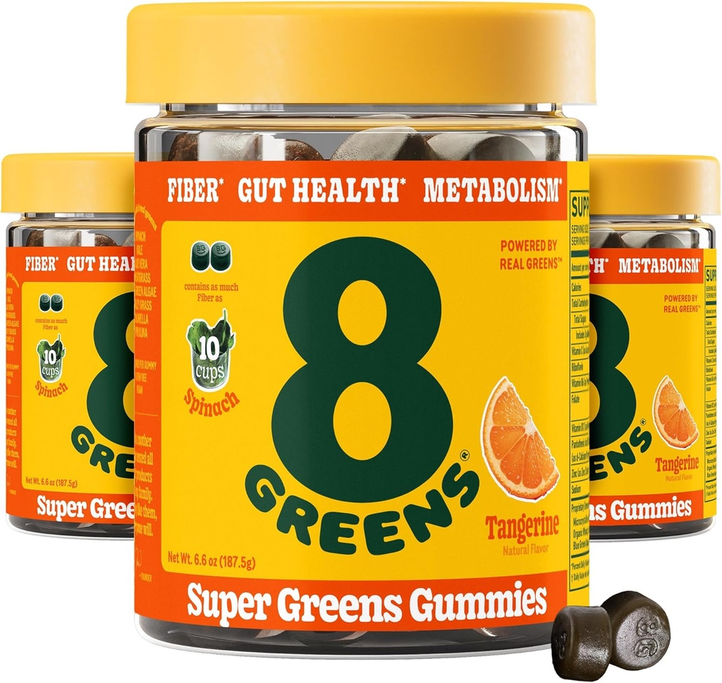 8Greens Daily Fiber Super Greens Gumries - Tangerine Aroma: Boost Immune System & Digestive Health with 8 Real Greens - Non-GMO Formula, Chewables, 50 Gummies, Pack of 3
