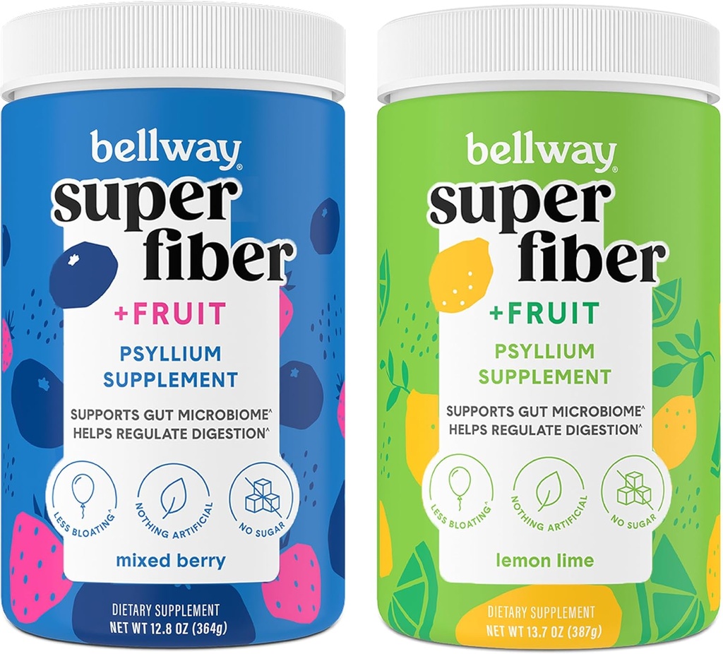 Bellway Super Fiber Powder + Fruit, Sugar Free Organic Psyllium Husk Powder Fiber Supplement for Regularity, Blaating Relief & Gut Health, Non-GMO, Mixed Berry & Lemon Lime