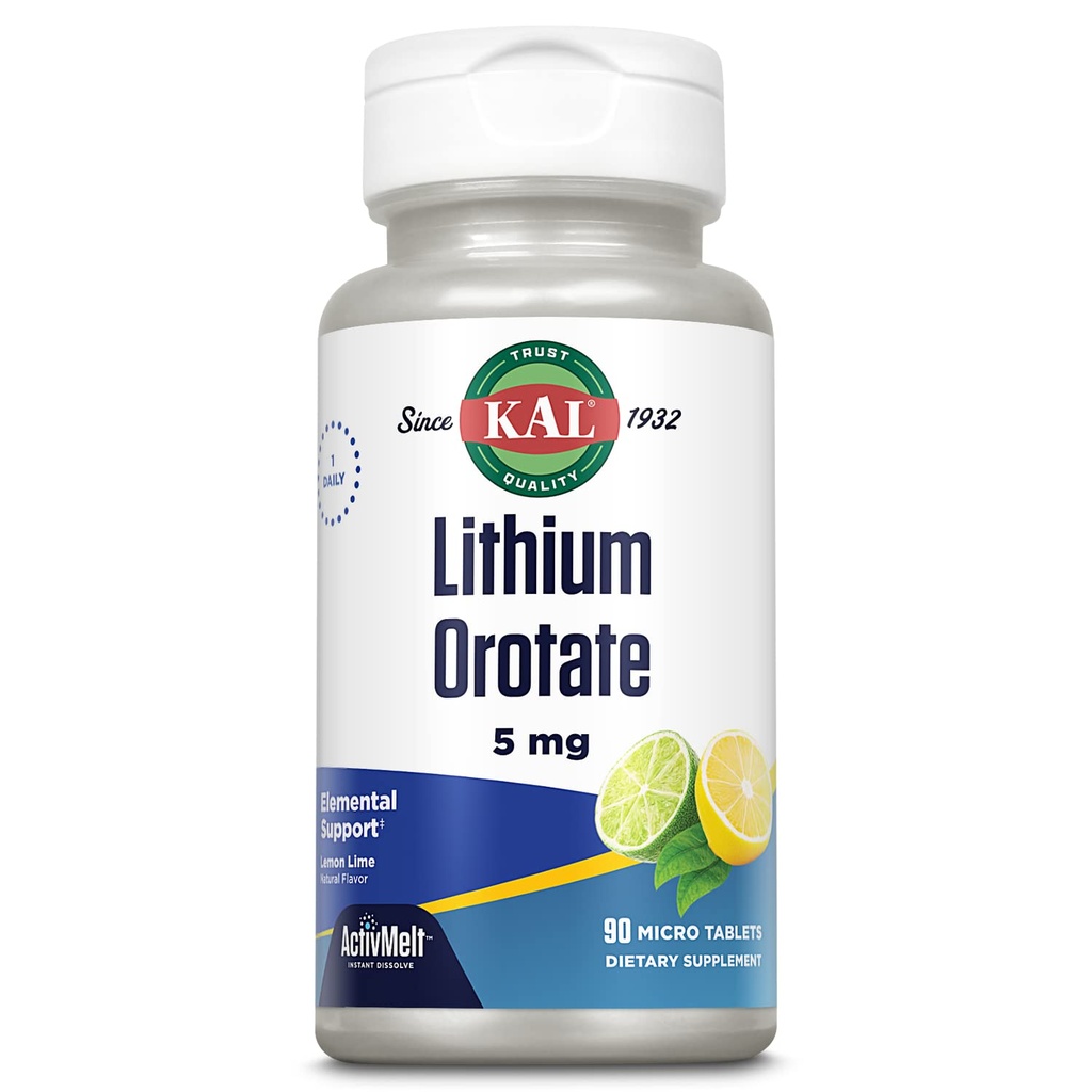 KAL Litiu Orotate ActivMelt 5mg, Litiu Chelated pentru Absorbție optimă și biodisponibilitatea, Suport Mood sănătos, Aromă naturală de lămâie, Tablete de dizolvare instantanee, 90 Servings, 90 Micro Tablete