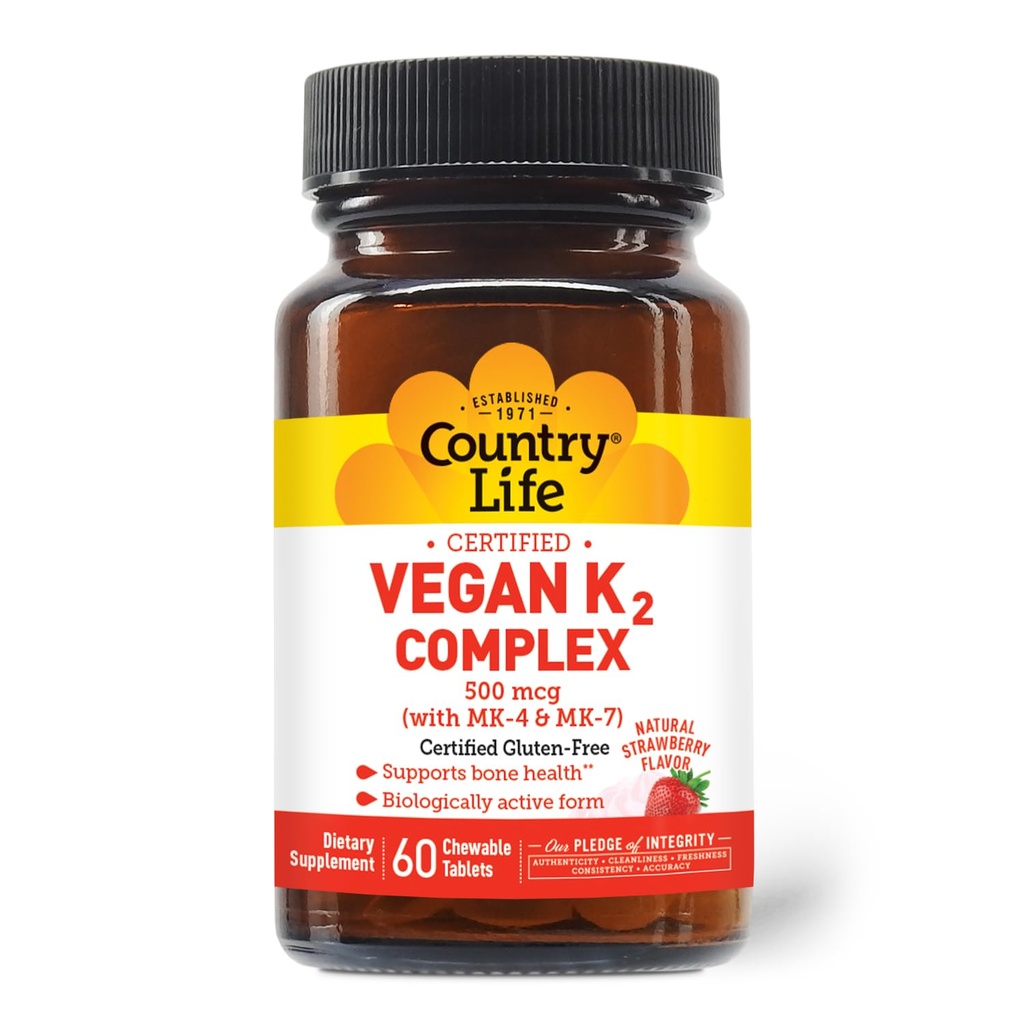 Country Life® Vegan K2-500 mcg, 60 Ct. Tablete masticabile. Aromă de căpșuni - Certified Gluten Free - Certified Vegan by AVA 