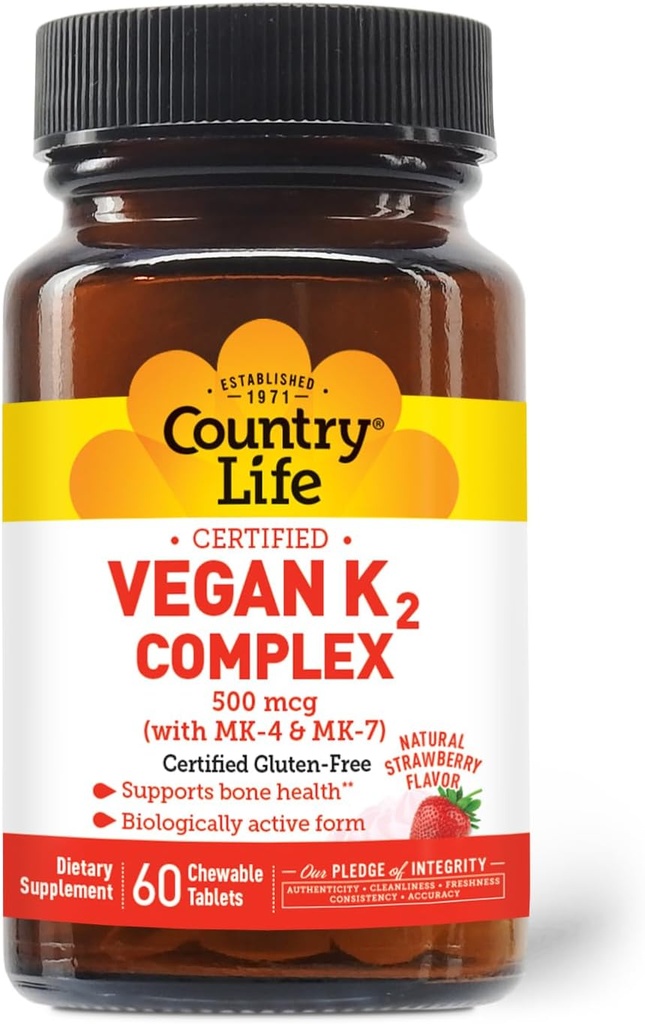 Country Life® Vegan K2-500 mcg, 60 Ct. Tablete masticabile. Aromă de căpșuni - Certified Gluten Free - Certified Vegan by AVA 