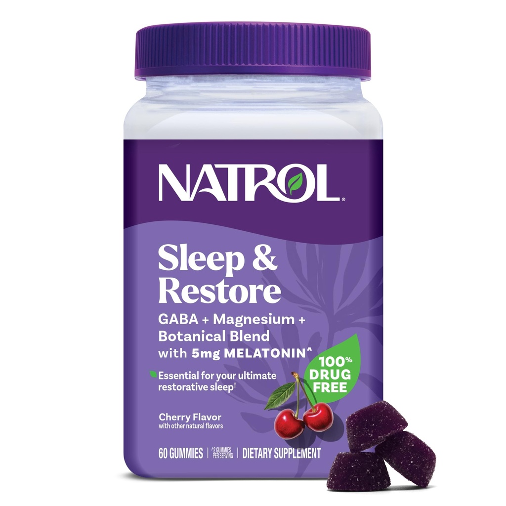 Natrol Sleep + Restaurare Magneziu Glicinate Blend Gumies cu Melatonina 5mg - Magneziu calm cu GABA, Blend botanic, Aroma de cireșe, 60 Gume