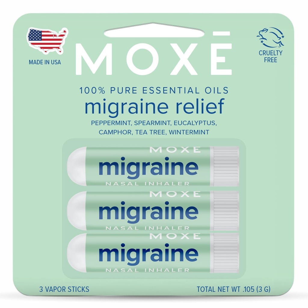 MOXE Migrene Relief Inhalatoare nazale, Uleiuri esențiale pentru dureri de cap și de tensiune Relief, Aromaterapia portabilă, Easy-to-Use, Pure & Nediluat, Peppermint, Spearmint, Eucalipt, Ceai Tree, SUA Made, 3 Pack