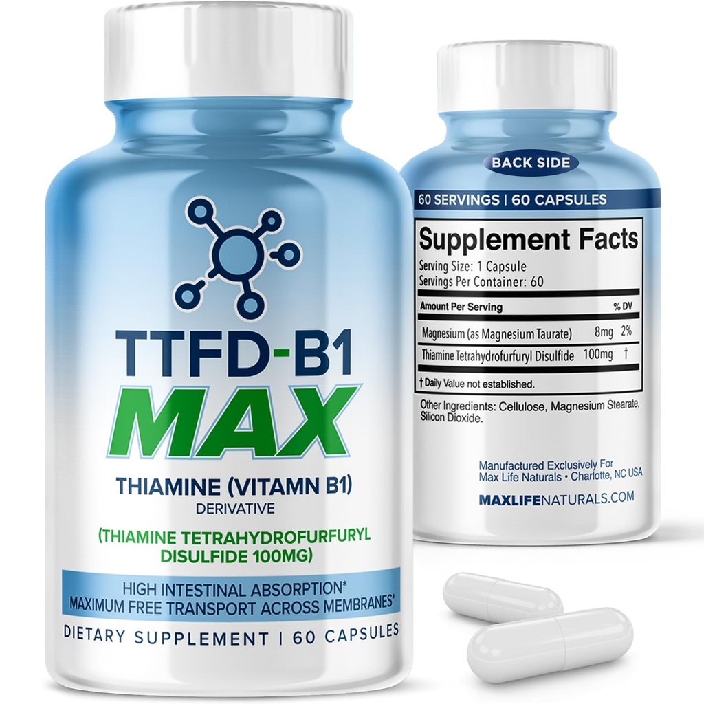 TTFD Tiamine B1 Supliment 60Capsules Made in USA- Tiamină TTFD Vitamina B1 MAX, supliment de înaltă calitate pentru energie & Focus, Suporturi funcţie nervoasă sănătoasă şi wellness generală de MaxLife Naturals