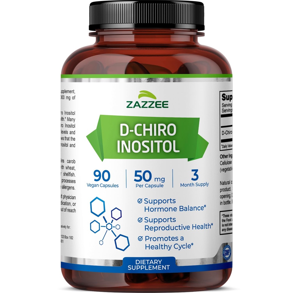 Zazzee D-Chiro-Inositol, 50 mg per capsulă, 90 capsule Vegane, Dozare ideală pentru 40:1 Raport cu Myo-Inositol, 3 luni de aprovizionare, 100% vegetarian, non-GMO