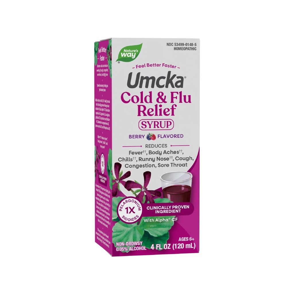 Natura's Way Cold+Flu Relief Syrup, Umcka, Fever*, Sore Throat, Cough, Congestion, Body Aches*, Homeopatic, Fenilephrine Free, 0.05% Alcool, Berry Flavored, 4 Fl Oz (Packaging May Vary)
