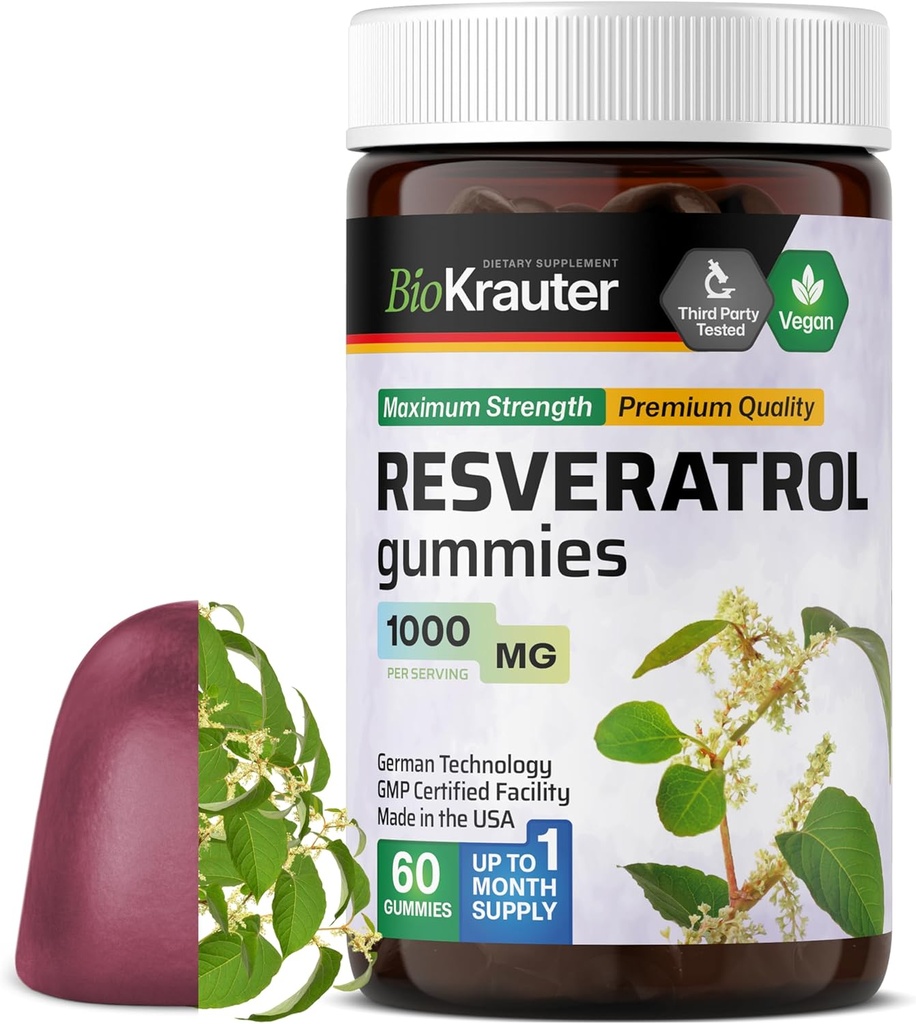 BIO KRAUTER Resveratrol Gummies - 1000 mg Putere - 60 Vegan Chews - 98% Pure Trans Resveratrol Supliment - Suport antioxidant