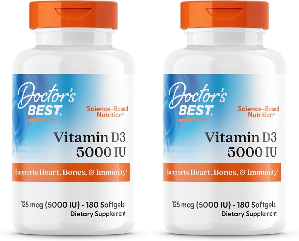 BEST Vitamina D3 5000UI, Non-GMO, Gluten & Soy Gratuit, Regulează funcția imunitară, susține oase sănătoase, alb, fără arome, 180 Conte (Pachet de 2)