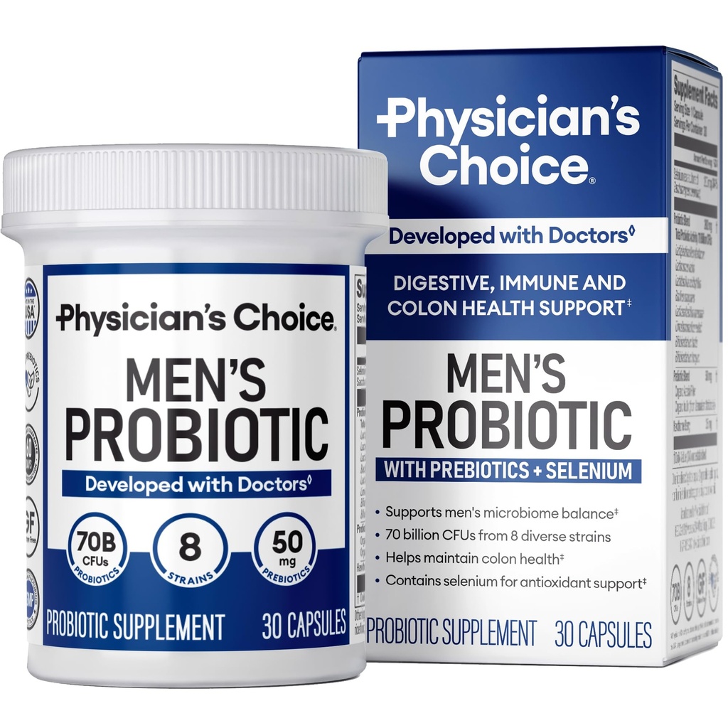 Alegerea medicului Probiotice pentru bărbaţi - 70 Miliarde CFU - 8 Tulpini - w/Seleniu & Prebiotice organice - Susţine Digestive Health, Microbiome, Colon, & Immune Health - Advanced Men's Probiotic - 30ct
