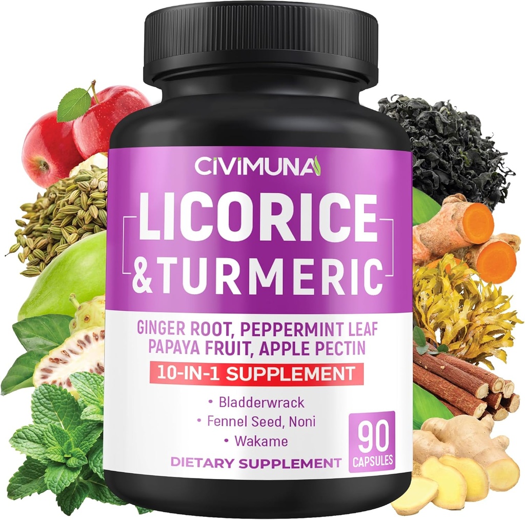 Capsule de lemn dulce cu lemn dulce, rădăcină de turmeric, rădăcină de ghimbir, frunze de mentă, fructe de papaya - 3 luni de aprovizionare