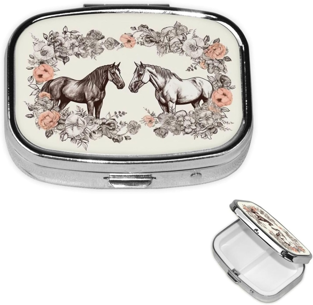 Pastile cutie Flori şi cai de mână Drawn Square Pilula caz pentru Purse & Pocket 2 Compartiment Medicina Pill Organizator Portable Travel Pillbox Medicina Vitamina Cod Ficat cutie de depozitare ulei