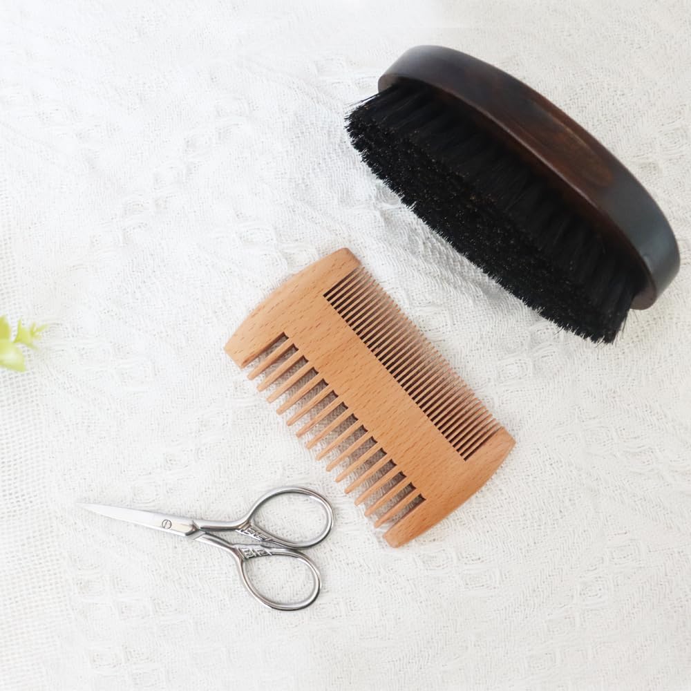 Kit de înfrumusețare a bărbii, Set de îngrijire a bărbii, Kit de înfrumusețare a bărbii, Perie naturală de boar și Pear Wood Set pentru bărbați - Dual Action Grooming pentru barbi și mustațe