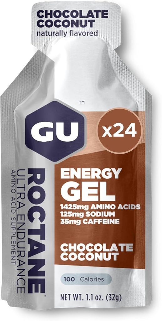 GU Energie octanică Ultra Endurance Energy Gel, Vegan, Gluten-Free, Kosher, și lactate-Free On-The-Go Sports Nutrition pentru rulare, ciclism, drumeții sau schi, ciocolată nucă de cocos,24-Count