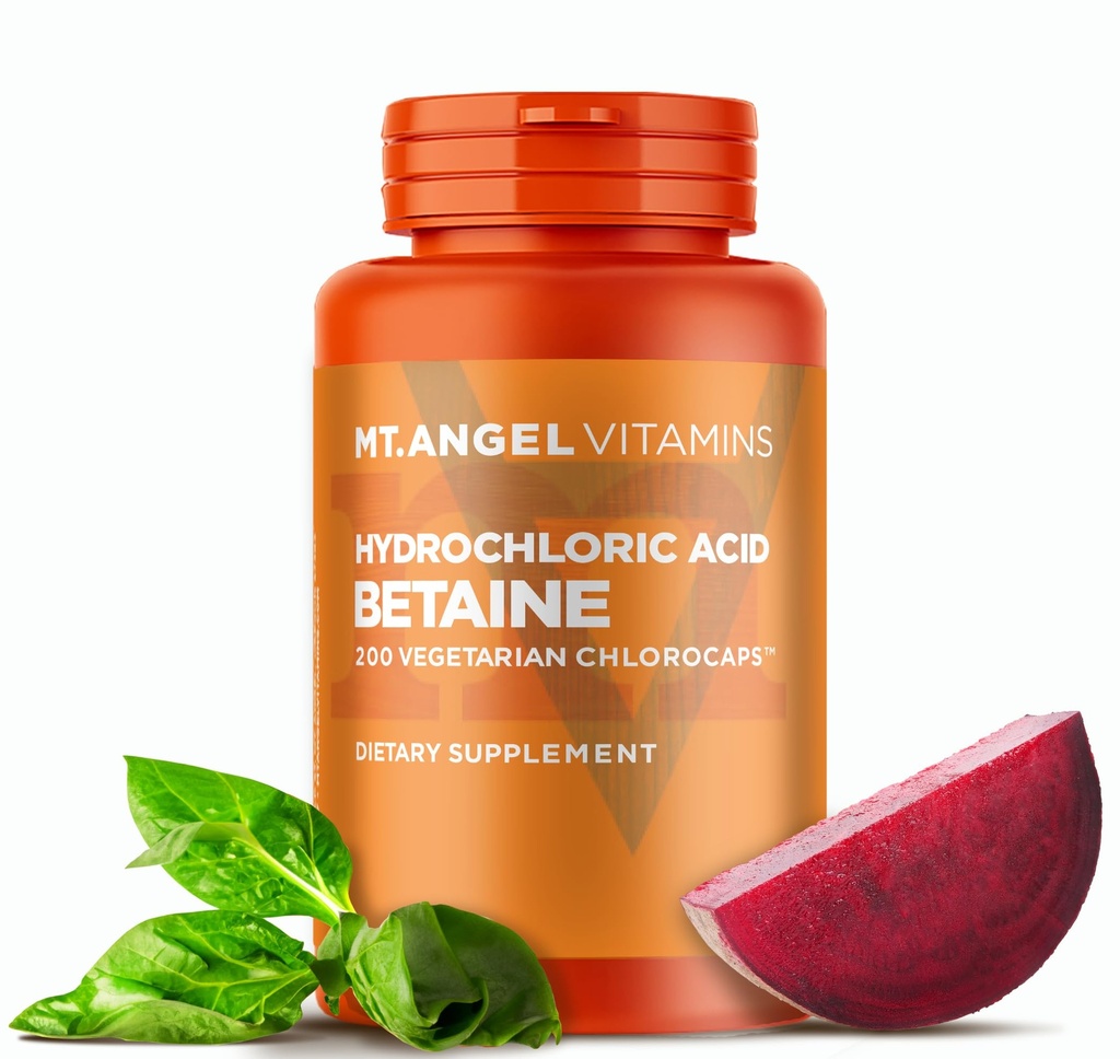 Vitaminele Mt. Angel - Acid clorhidric Betaina, susține Digestia sanatoasa & Sucuri gastrice (200 Cloropaci vegetarieni)