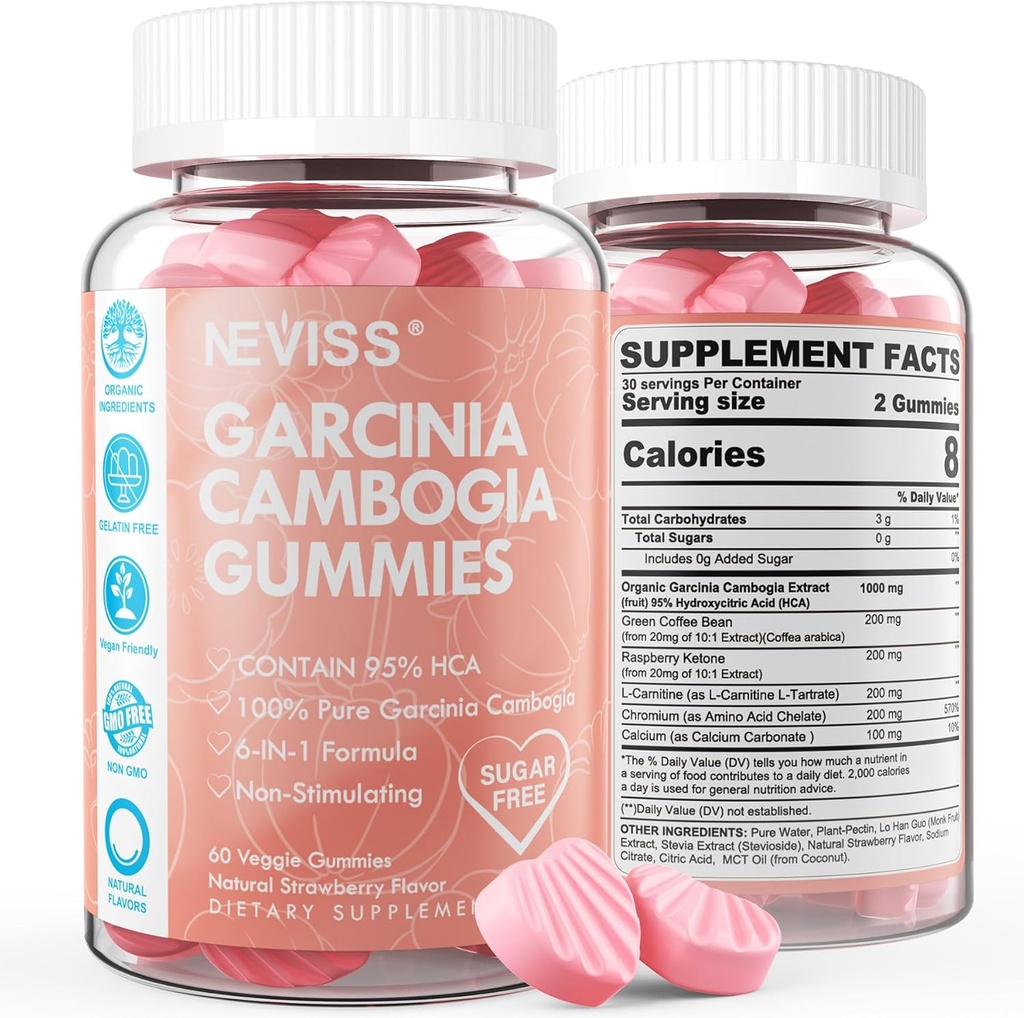 Zahăr Gratuit Garcinia Cambogia Gummies 1000mg 95% HCA cu L-Carnitina, Cetone de zmeură, Crom, Green Coffee Bean pentru metabolism, Energie Boost, 100% Extract organic, Vegan, Aroma de căpșuni 120 Cts