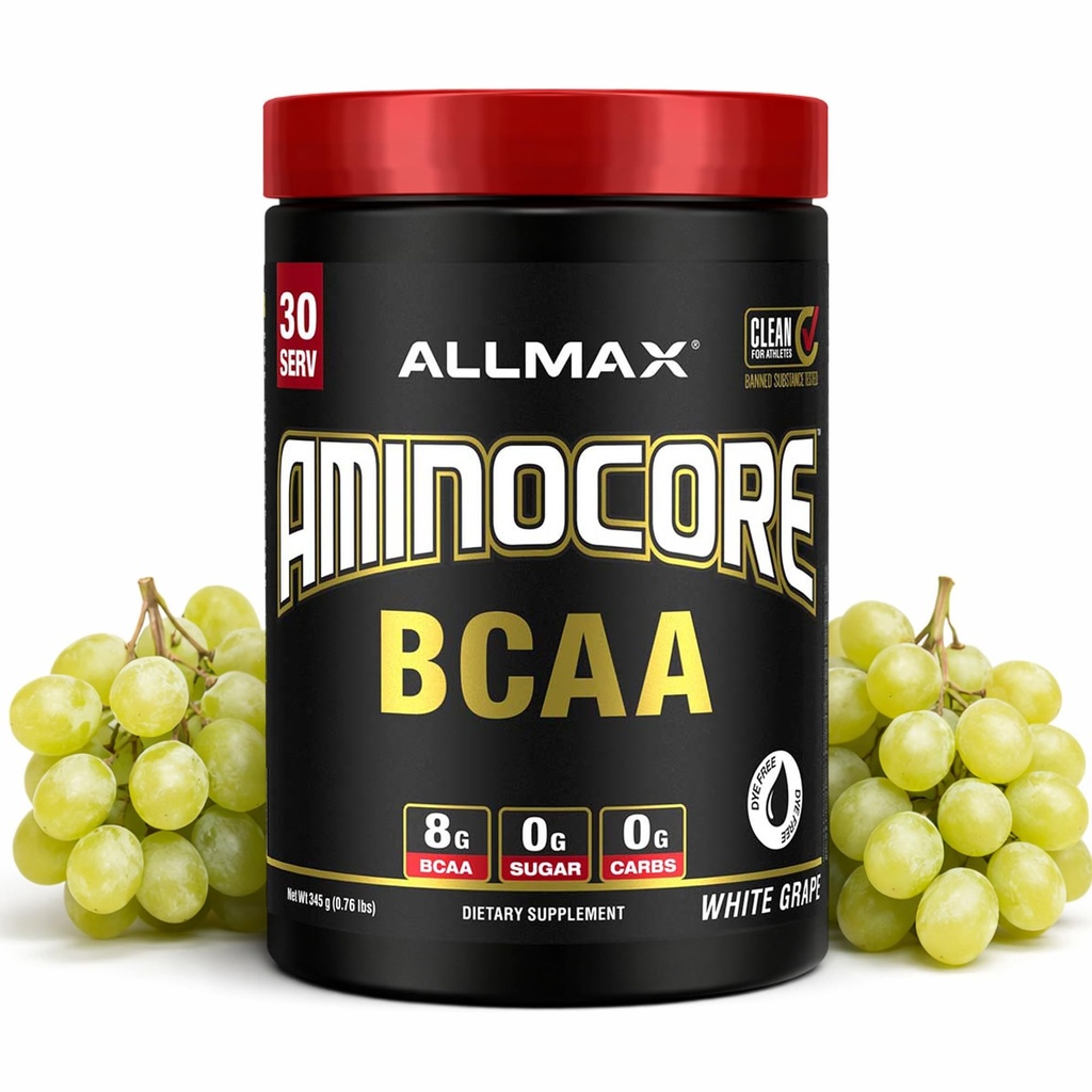 ALLMAX Nutritie AMINOCORE BCAA pulbere, 8.18 Grams de Aminoacidi, Intra si Post Workout de recuperare băutură, Gluten gratuit, struguri albi, 315 g