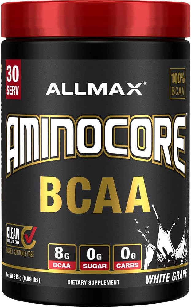 ALLMAX Nutritie AMINOCORE BCAA pulbere, 8.18 Grams de Aminoacidi, Intra si Post Workout de recuperare băutură, Gluten gratuit, struguri albi, 315 g