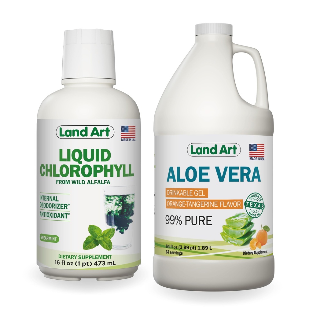 Land Art Aloe Vera Gel Drinkable - Orange Tangerine Aromat - Rece-Processed - Frunze proaspete organice - 64floz + Clorofila lichida menta arvored - la rece extrasa din salbatice non-GMO Alfalfa - 16floz