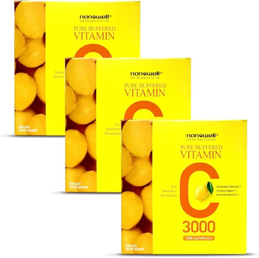 NANOWELL Pure Buffed Vitamina C 3000 mg per Serving, Supliment alimentar pentru suport imunitar - 60 Sticks x 3 cutii, 6 luni de aprovizionare (180 Conte)
