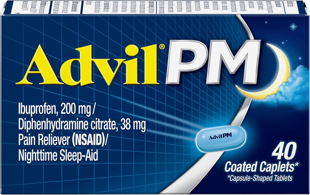 Advil PM (40 Count, Pack of 2) Pain Relieiver / Nighttime Sleep Aid Caplet acoperit, 200mg Ibuprofen și 38mg Difenhidramină Citrat