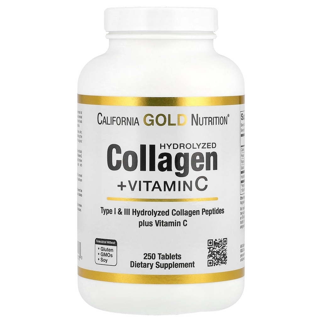 California Gold Nutrition Hidrolized Colagen Peptides + vitamina C Suport pentru păr, piele, unghii, articulații, & Oase - Tip Featuring I & III Colagen Peptides - Gluten gratuit, non-GMO - 250 comprimate