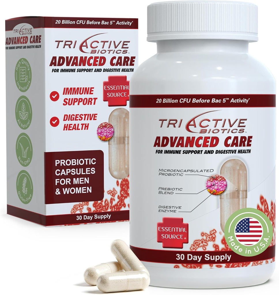 Essential Source TriActive Biotics Advanced Care - 20 Miliarde CFU Probiotice pentru Digestive Health, Immun Supplement, Microincapsulate Probiotice pentru Femei & Men, 30 Ct Capsule