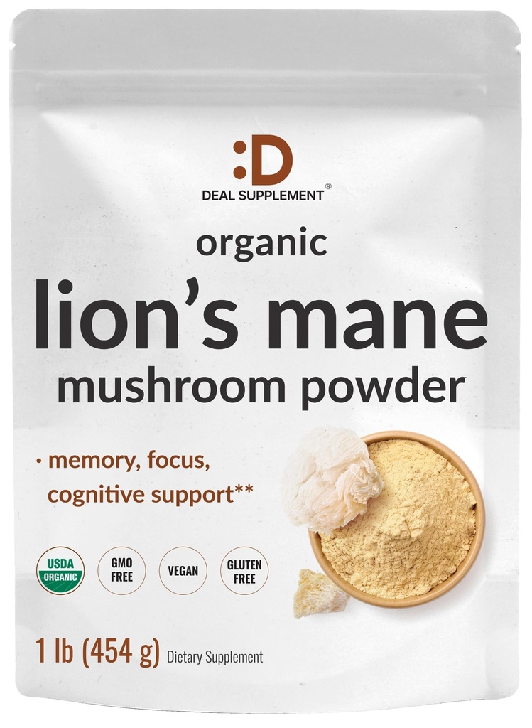 DEAL SUPLEMENT Organic Lions Mane Mushroom Powder Supliment, 1.500 mg per servire, 1lb 