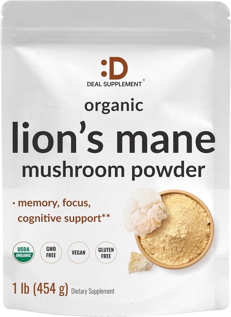 SUPLIMENTARE DETALIATĂ Organic Lions Mane Mushroom Powder Supliment, 1500 mg Per Serving, 1lb 