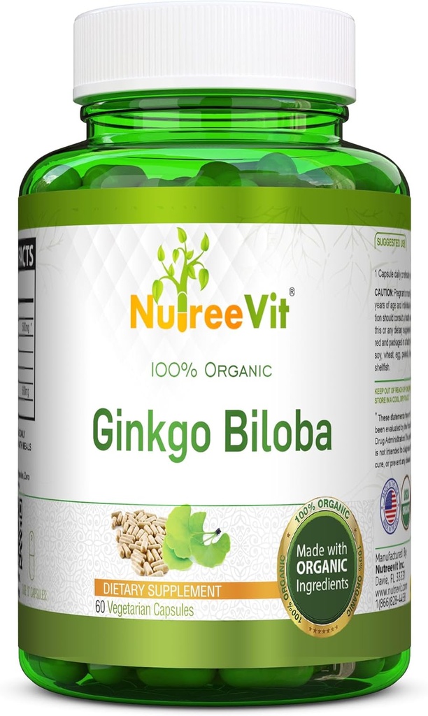 NutreeVit 100% Organic Ginkgo Biloba Capsule - Sustine sanatatea creierului, alerta mentala, circulatie si creste memoria - Antioxidant organic - 100 Conte Sticla