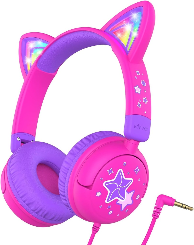 iClever Kids Căști Cat Ureche, LED-lumină Up, 85dBA Seif Volume, Stereo Sound Toddler Căști pentru Școala de Turism, Căști pliabil 3.5mm Wired Copii pentru comprimate iPad, Meow Lollipop-Hot Pink