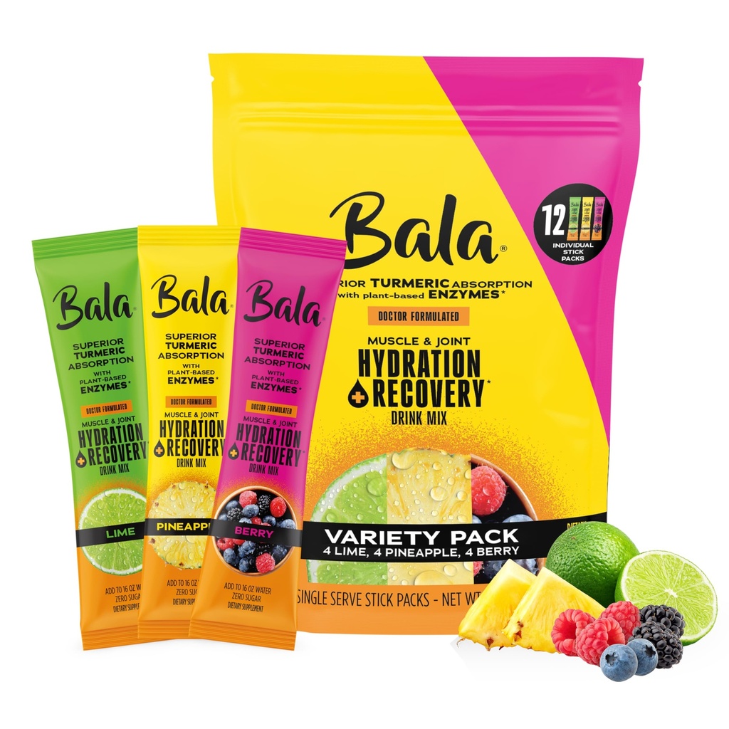 Bala Enzyme Hydration & Sugar-Free Drink Mix - Turmeric, Bromelain, Papain - Imunitate, Mobilitate - Variety Pack 0,25oz (12 Conte)