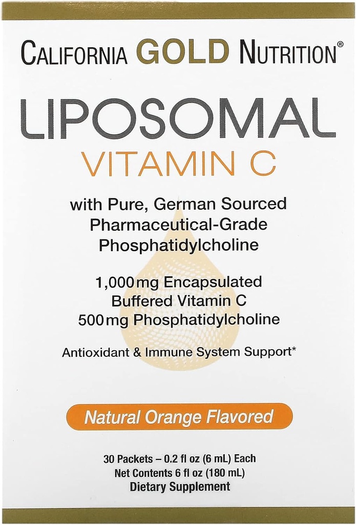 Vitamina lipozomala C de California Gold Nutrition - Supliment lichid pentru Antioxidant si Suport Immun - Vegan Friendly - Gluten Free, Non-GMO - 1000 mg - 30 Pachete - Aromă naturală portocalie