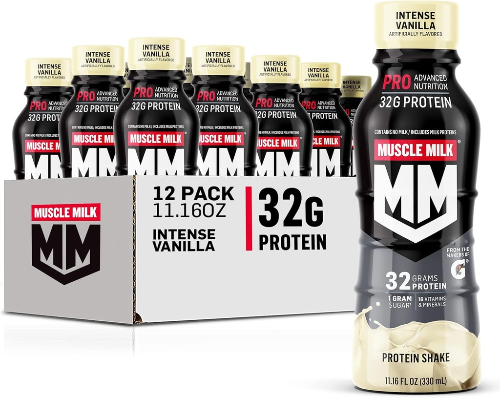 Muscle Milk Pro Advanced Nutrition Proteine Shake, Intense Vanilla, 11.16 Fl Oz (Pachetul de 12), 32g Proteina, 1g Zahăr, 16 Vitamine & Minerale, 5g Fibră, Antrenament de recuperare, Energizant Snack, Ambalaje Vary mai
