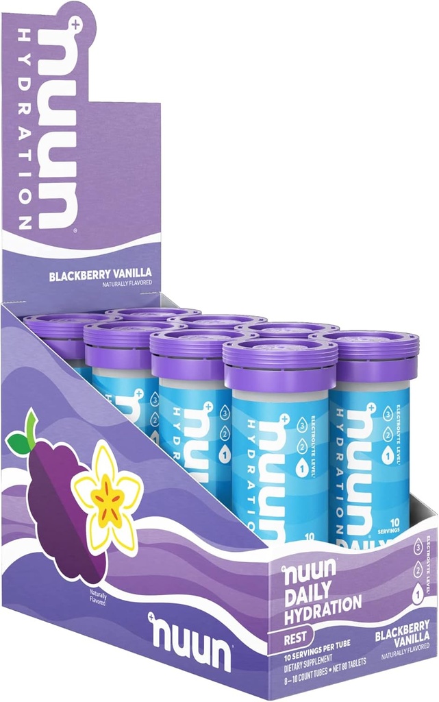 Nuun Rest & Recovery Electrolit Tablete cu magneziu, Potasiu & Tart Cherry Powder, Gluten Free & Vegan, Blackberry Vanilla Flavor, 8 Pack (80 Servings Total)